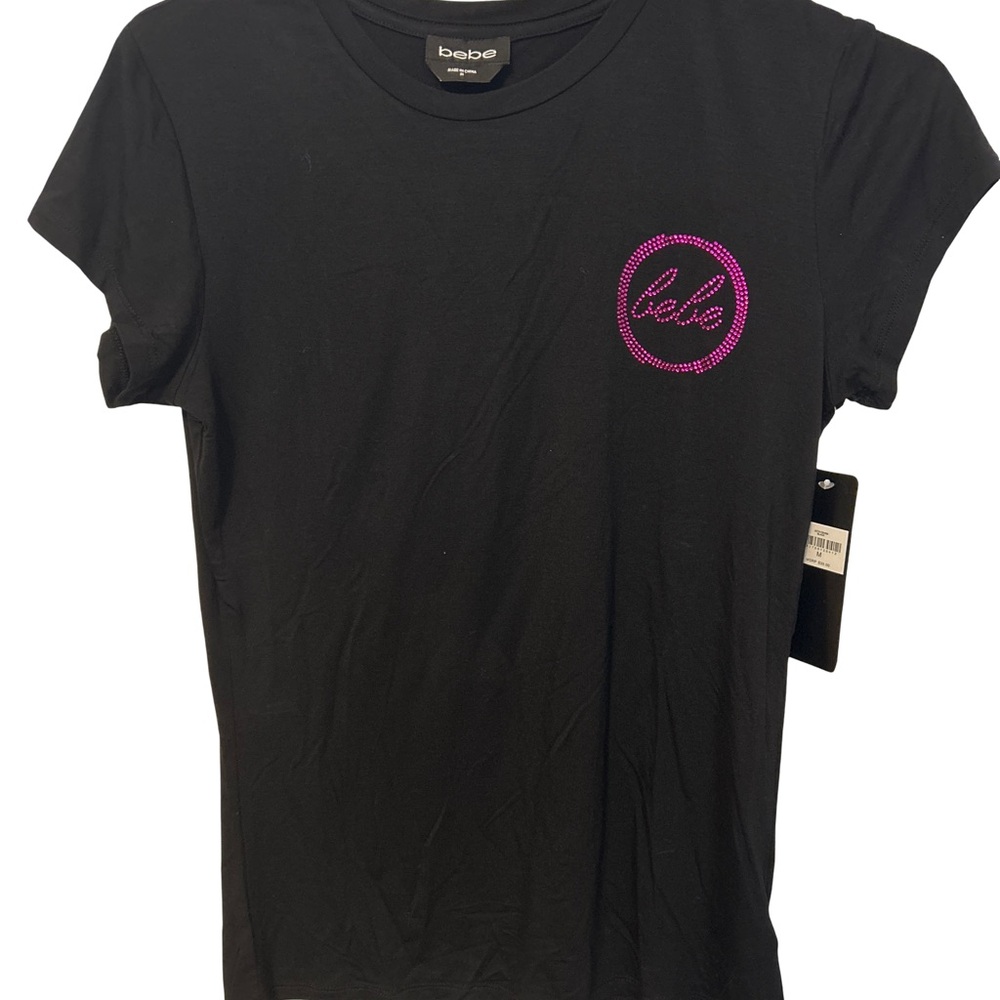Bebe Black Tee with Pink Embellished Logo